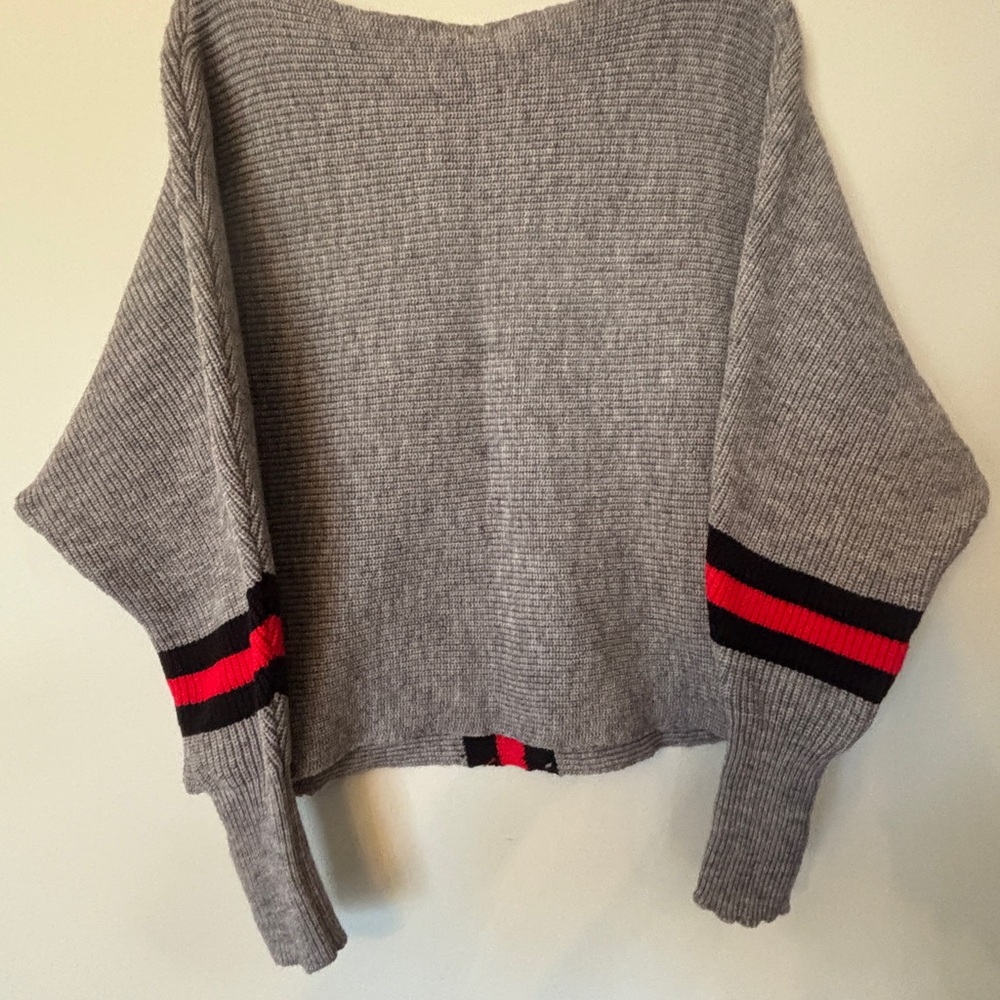 Gray Crewneck Sweater with Red & Black Stripe Detail - Picture 5 of 10